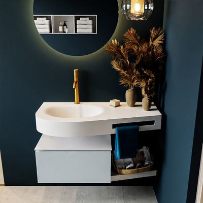 MONDIAZ RIVA 100cm badmeubel onderkast / planchet kleur Clay met 1 lade. Wastafel DULCET links 1 kraangat kleur Talc. MONDIAZ RIVA 100cm badmeubel onderkast / planchet kleur Clay met 1 lade. Wastafel DULCET links 1 kraangat kleur Talc.