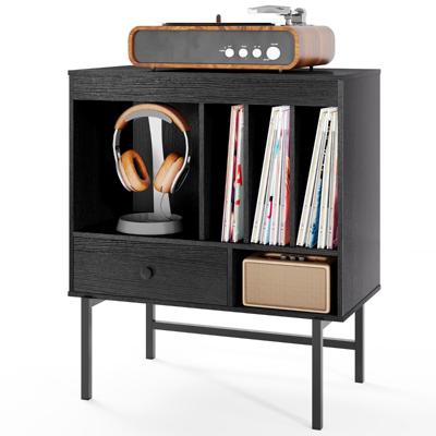 Moderne Platenspelerstandaard Vinylkast met Albumhouders en Lade Bijzetkast Zwart