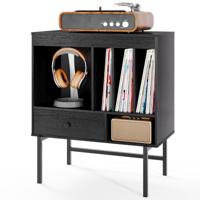 Moderne Platenspelerstandaard Vinylkast met Albumhouders en Lade Bijzetkast Zwart