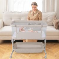 3-In-1 Bijzetbed Reisbed Baby met Matras Babybed 6 Vakken in Hoogte Verstelbaar met Opbergmand en Draagtas Beige