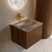 Badmeubel Mondiaz Kurve-Dlux | 50 cm | Meubelkleur Walnut | Wastafelkleur Sombra | Solid surface | Wasbak midden spoelbak | 1 kraangat