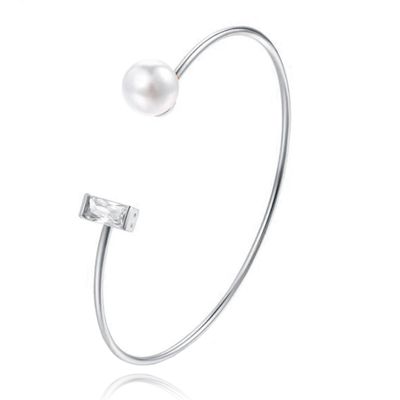 Zilverkleurige armband met Rechthoekige Zirkonia Steen en Imitatie Parel