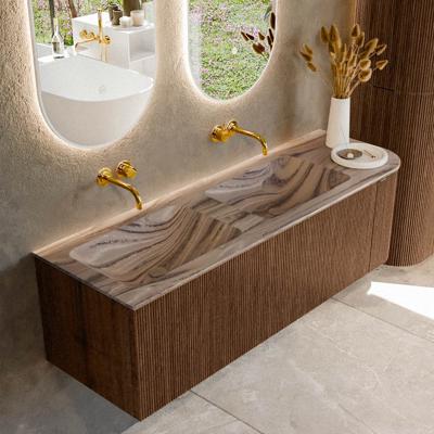 Badmeubel Mondiaz Kurve-Dlux | 145 cm | Meubelkleur Walnut | Wastafelkleur Sombra | Solid surface | Dubbel / Links spoelbak | Zonder kraangat(en)