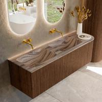 Badmeubel Mondiaz Kurve-Dlux | 145 cm | Meubelkleur Walnut | Wastafelkleur Sombra | Solid surface | Dubbel / Links spoelbak | Zonder kraangat(en)