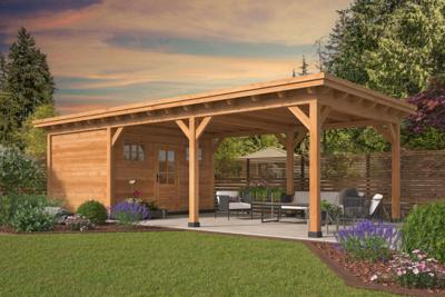 Platdak Odense XXL 943x450 cm - Red Class Wood- Plat dak- Vurenhout + Zweeds rabat- Tuindeco