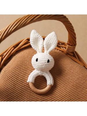 1pc Handmade Crochet Bunny Ear Wooden Teething Rings, Baby Teether Gift For Teething Period White / one-size