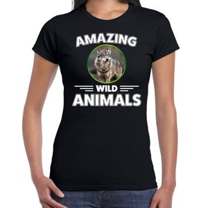 T-shirt wolven amazing wild animals / dieren zwart voor dames