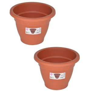 Set van 2x stuks terra cotta kleur ronde plantenpot/bloempot kunststof diameter 16 cm