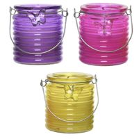 Citronella windlicht met kaars - 3x - paars/roze en geel - 20 branduren - citrusgeur - thumbnail