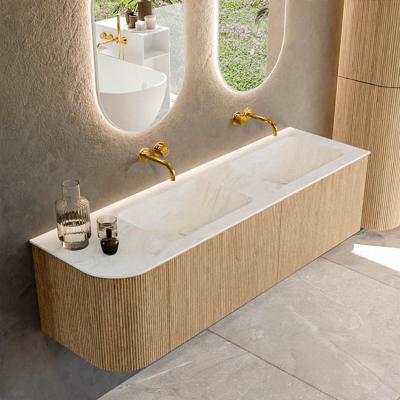 Mondiaz KURVE-DLUX 155 cm Onderkast Greeploos 2 Lades Met Deuren Oak, Wastafel Solid Surface Rechts Opalo 0 Kraangaten Zonder Spiegel (KRVLEA155L2L1D0KD-Oak/Opa)