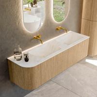 Mondiaz KURVE-DLUX 155 cm Onderkast Greeploos 2 Lades Met Deuren Oak, Wastafel Solid Surface Rechts Opalo 0 Kraangaten Zonder Spiegel (KRVLEA155L2L1D0KD-Oak/Opa)