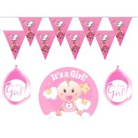 Geboorte baby meisje thema versiering - 19 artikelen - roze - binnen - slingers - ballonnen - bord