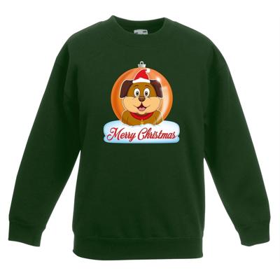 Kersttrui sweater - voor kinderen - Merry Christmas hond kerstbal - groen - Kerstkleding