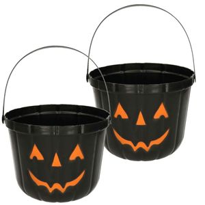 Trick or treat snoep emmertje - 2x - pompoen - zwart - D20 cm - Halloween snoepjes emmer