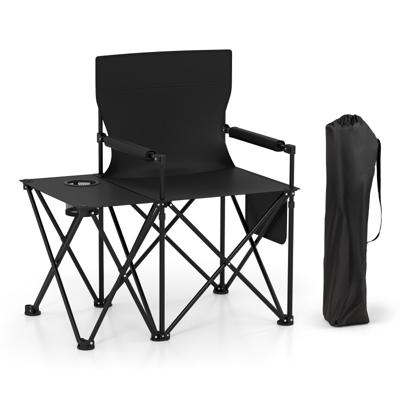 Opvouwbare Campingstoel 2-delige set Klapstoel met Zijtafel Bekerhouder & Zijzak Zwart