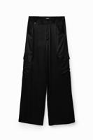 Wide leg satijnen cargobroek - BLACK - L