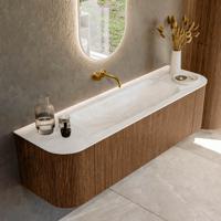 Mondiaz KURVE-DLUX 160 cm Onderkast Greeploos 1 Lade Met Deuren Walnut, Wastafel Solid Surface Midden Ostra 0 Kraangaten Zonder Spiegel (KRVBGM160L+R1L2D0KM-Wal/Ost)