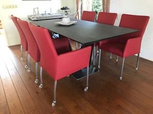 Set van 6 leren eetkamerstoelen met wieltjes en armleuning - rood leer - Echt leer, Modern, ontdek de vele Leersoorten en Kleuren bij ShopX