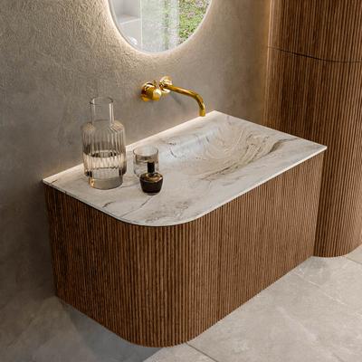 Mondiaz KURVE-DLUX 75 cm Onderkast Greeploos 1 Lade Met Deuren Walnut, Wastafel Solid Surface Rechts Glace 0 Kraangaten Zonder Spiegel (KRVGRU75L1L1D0KR-Wal/Gla)