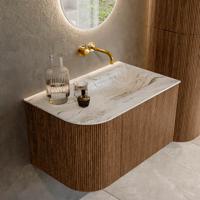 Mondiaz KURVE-DLUX 75 cm Onderkast Greeploos 1 Lade Met Deuren Walnut, Wastafel Solid Surface Rechts Glace 0 Kraangaten Zonder Spiegel (KRVGRU75L1L1D0KR-Wal/Gla)