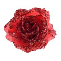 Decoratie roos - op clip - rood - 14 cm - kunststof - kerstbloemen - kerstboomversiering - thumbnail