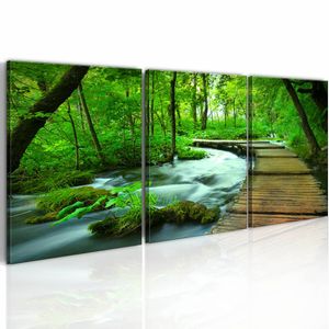 Schilderij - Pad door het Bos IV, 3luik, 120x40cm , groen bruin , premium print op canvas