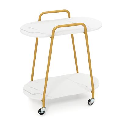 2-Traps Verrijdbaar Bijzettafeltje Modern Mobiel Nachtkastje met Kunstmarmeren Oppervlakken Vergrendelbare Wieltjes en Robuust Metalen Frame