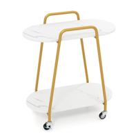 2-Traps Verrijdbaar Bijzettafeltje Modern Mobiel Nachtkastje met Kunstmarmeren Oppervlakken Vergrendelbare Wieltjes en Robuust Metalen Frame