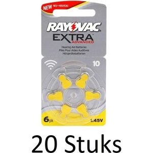 120 Stuks (20 Blisters a 6St) - Rayovac Extra Advanced 10MF Hg 0% Gehoorapparaat batterijen 1.45V