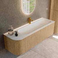 Mondiaz KURVE 145 cm Onderkast Greeploos 1 Lade Met Deuren Oak, Wastafel Solid Surface Rechts Talc 1 Kraangat Zonder Spiegel (KRVBGL145L1L1D1KR-Oak/Tal)