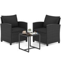 3-Delige Tuinmeubelset 2 Gestoffeerde Fauteuils met een Salontafel van Gehard Glas(Zwart Rietwerk)-Zwart