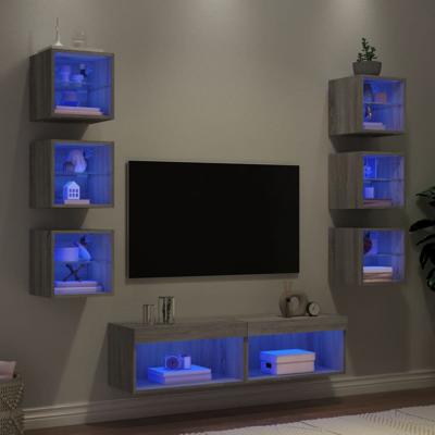 8-delige Tv-wandmeubelset met LED bewerkt hout grijs sonoma