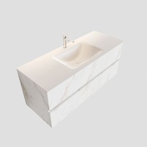 Badkamermeubel BWS Valencia Carrara Mat 120 cm Solid Surface Wastafel (1 kraangat, 2 lades)