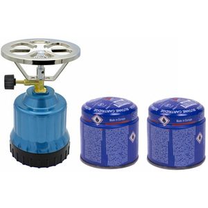 Camping kookstel kunststof metallic blauw incl. 2x gas navulling priktank 190 gram - Kookbranders