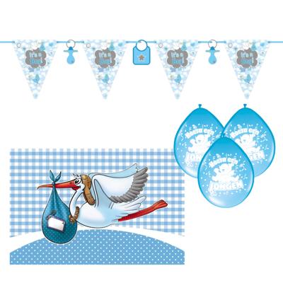 Baby geboren versiering set - jongen - 18 artikelen - blauw - vlaggetjes - ballonnen - vlag