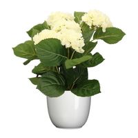 Hortensia kunstplant/kunstbloemen 36 cm - wit - in pot wit glans - Kunstplanten