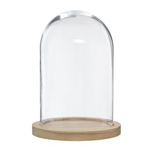 Atmosphera Home decoratie glazen stolp op houten plateau - glas/lichtbruin - D15 x H24 cm   -