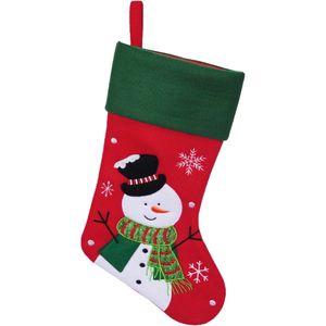 Decoratie kerstsok - rood - met sneeuwpop - H45 cm - polyester