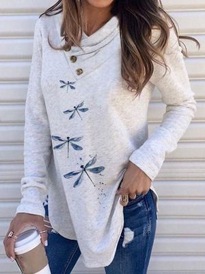 Casual Dragonfly Print Collar Stitched Button Long Sleeve Top Casual Dragonfly Print Collar Stitched Button Long Sleeve Top