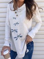 Casual Dragonfly Print Collar Stitched Button Long Sleeve Top - thumbnail