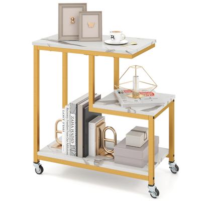 Bijzettafel met Wieltjes 3-Laagse Salontafel in Marmerlook Koffietafel Kleine Salontafel voor Woonkamer Slaapkamer Werkkamer