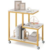 Bijzettafel met Wieltjes 3-Laagse Salontafel in Marmerlook Koffietafel Kleine Salontafel voor Woonkamer Slaapkamer Werkkamer