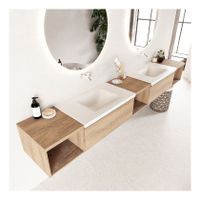 Mondiaz Bukla 280cm badmeubel met open module 40 L+M+R kleur washed oak 2 lades wastafel dubbel zonder kraangat kleur talc