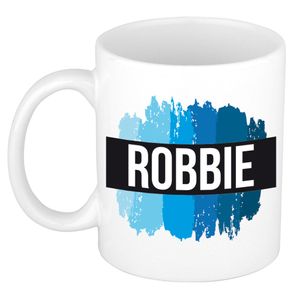 Naam cadeau mok / beker Robbie met blauwe verfstrepen 300 ml