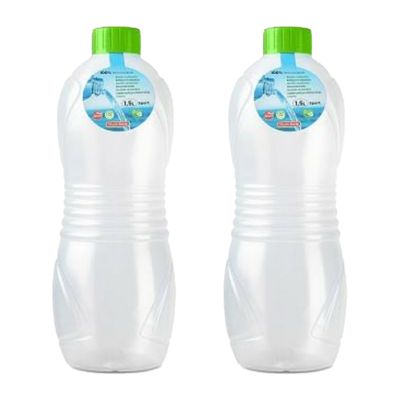 Drinkfles/waterfles/bidon - 2x stuks - 1500 ml - transparant/groene dop - kunststof