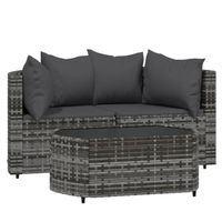 vidaXL 3-delige Loungeset met kussens poly rattan grijs - thumbnail