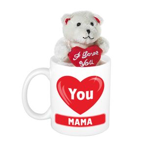 Moederdag cadeau hartje I Love Mama beker / mok 300 ml met beige knuffelbeertje met love hartje   -