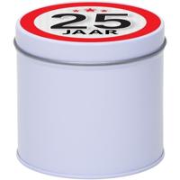 Cadeau koek of snoep blik - met 25 jaar opdruk sticker - 10 x 10 cm - Cadeauverpakking verjaardag