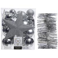 Kerstversiering kerstballen 5-6-8 cm met ster piek en folieslingers pakket zilver van 35x stuks - Kerstbal