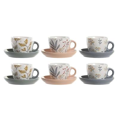 Set van Kopje met Schotel DKD Home Decor Blauw Grijs Multicolour Licht Roze Porselein 90 ml 11 x 11 x 2 cm (3 Stuks)